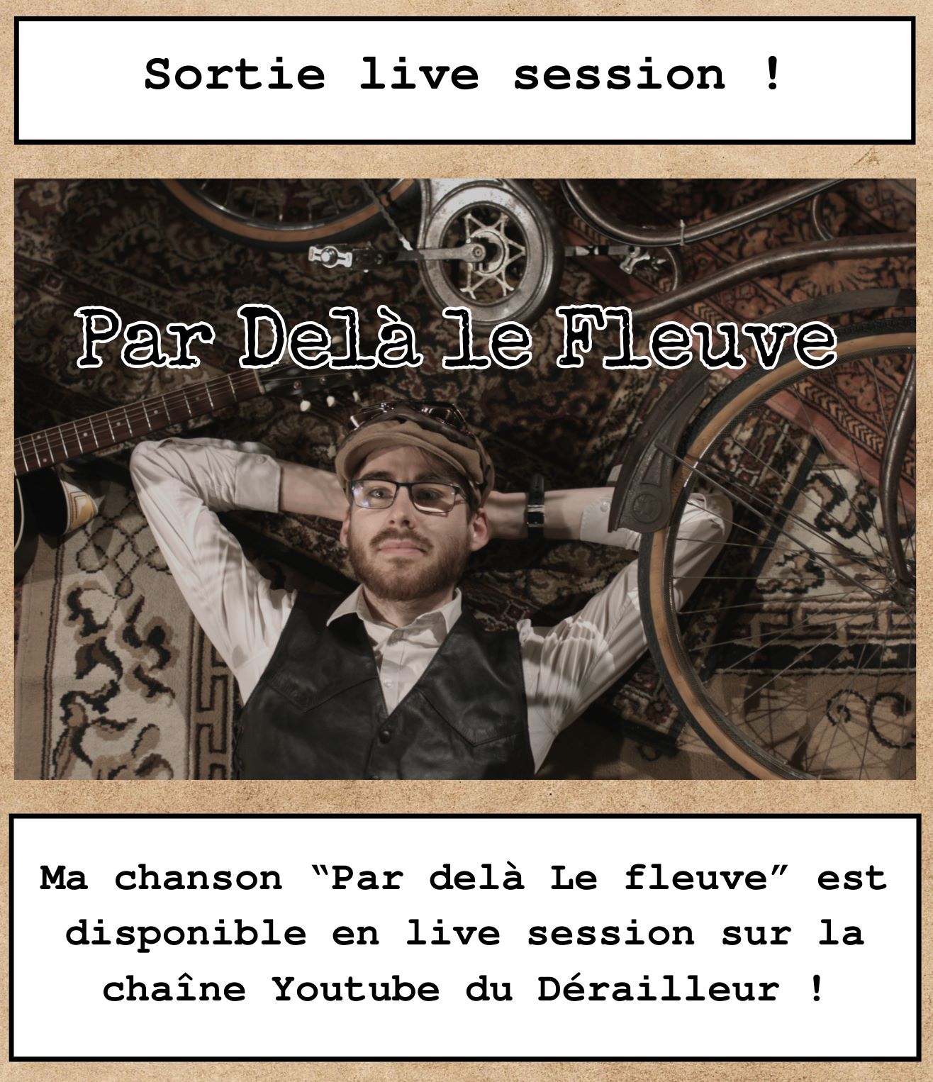 Photo du Dérailleur, allongé sur le dos avec sa guitare et un vélo posés à côté de lui